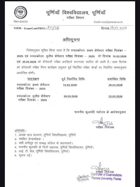 Purnea University PG 1st & 3rd Semester Exam December 2025 Postponed Notice and New Exam Date Released Notification